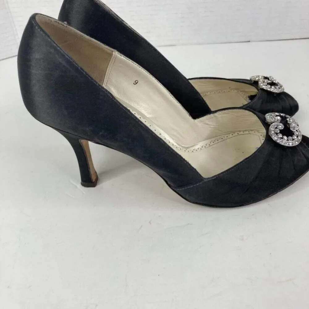 Benjamin Adams‎ Womens Peep Toe Pump Shoes Sz 9 Black Satin Rhinestone 3.5